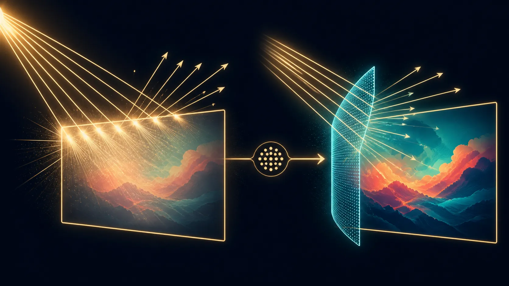 Abstract diagram of bright rays, a diffuse shield and a visible display colour field