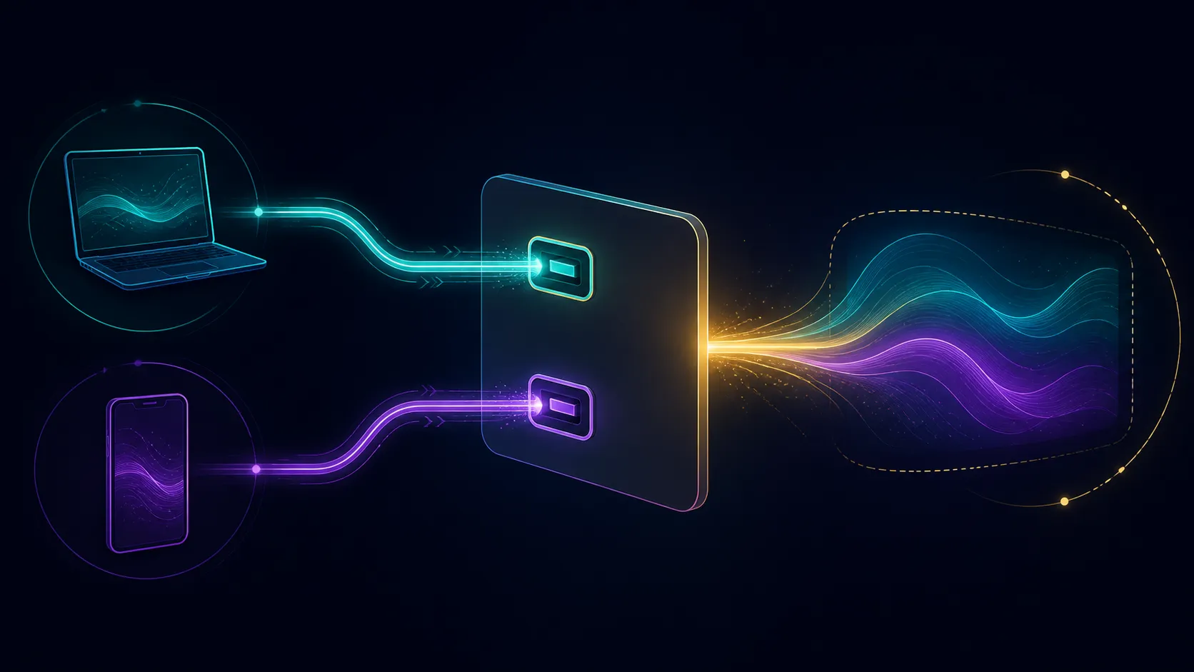 Abstract diagram of two luminous cable paths entering a display plane