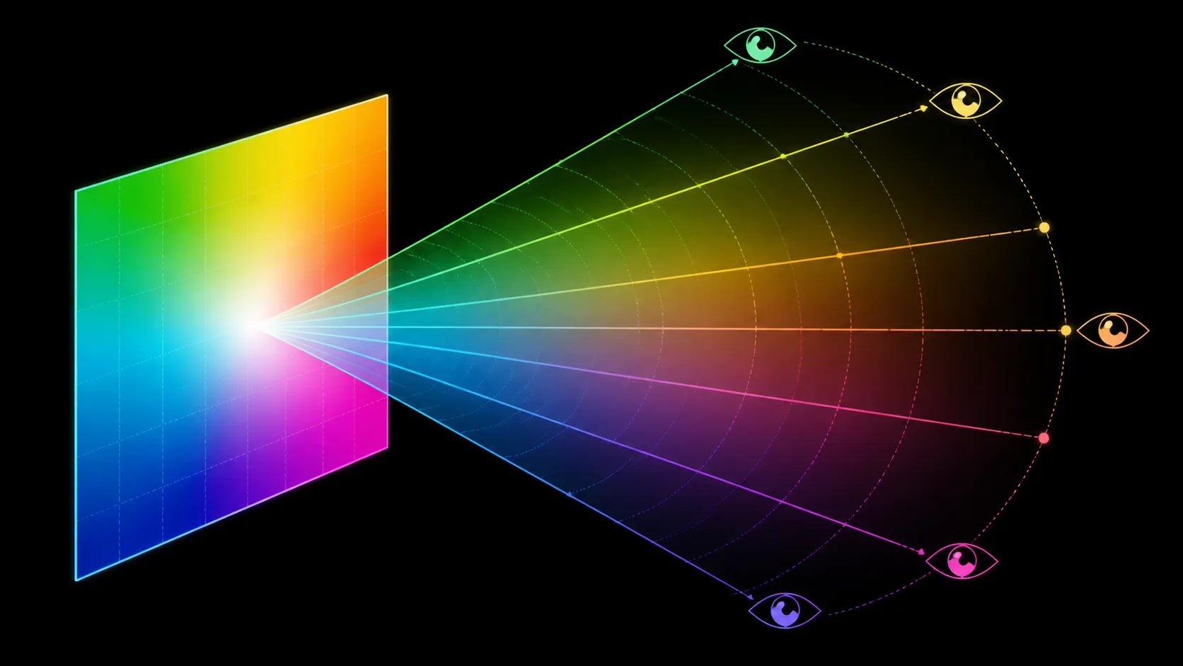 Abstract diagram of a colourful display field projecting a broad viewing fan