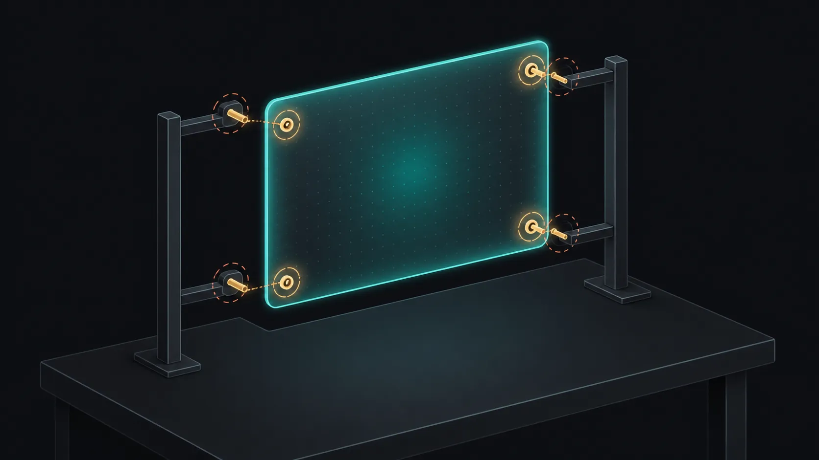 Abstract isometric diagram of a display plane mounted through four points