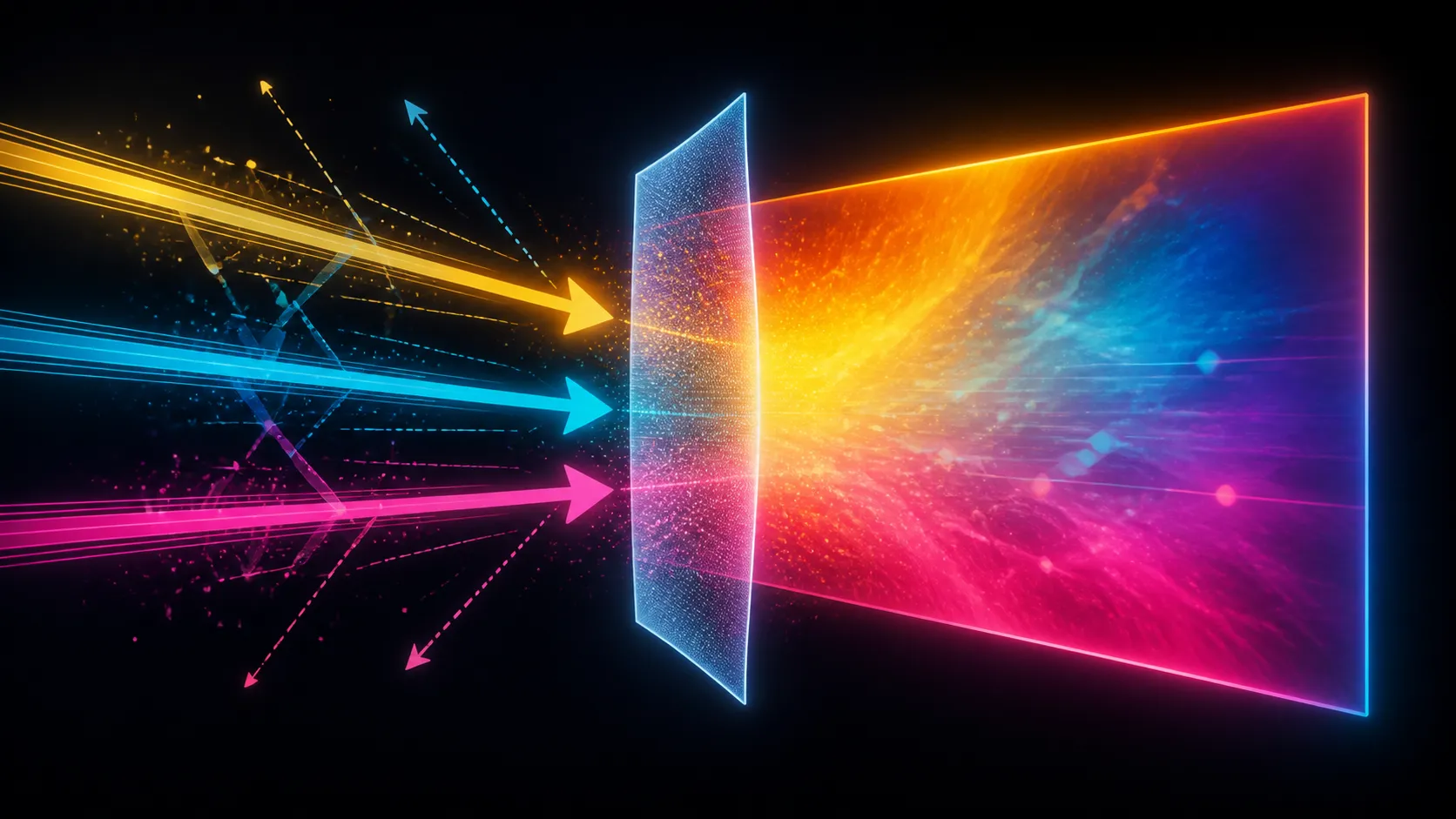 Abstract diagram of bright rays meeting a shielded visible display field