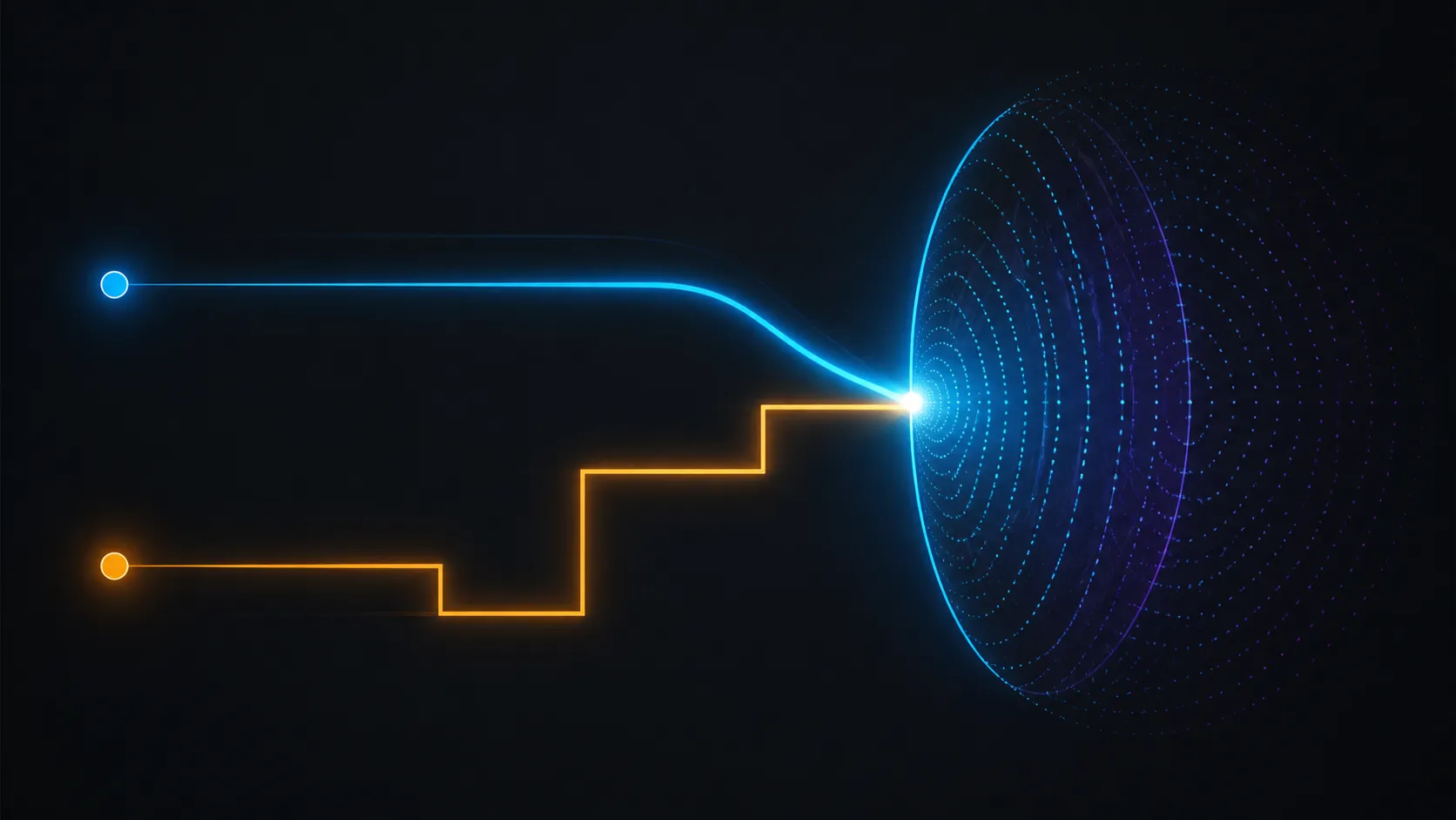 Abstract connection diagram with two routes joining one visual plane