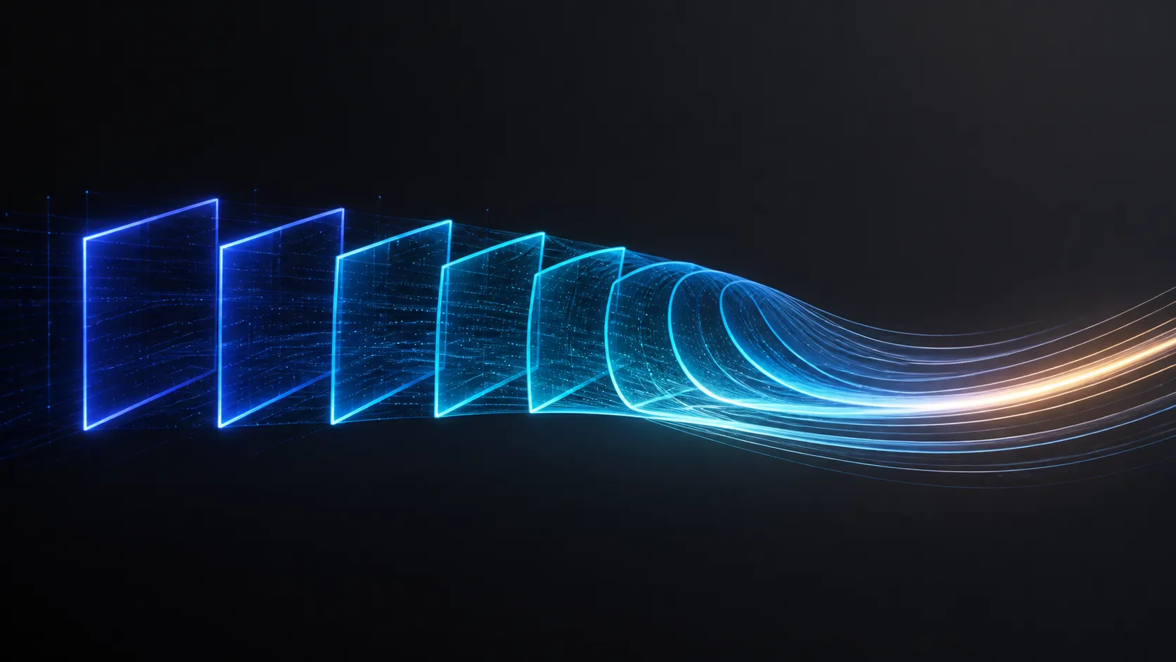 Abstract diagram of luminous frames flowing into a smooth motion trail
