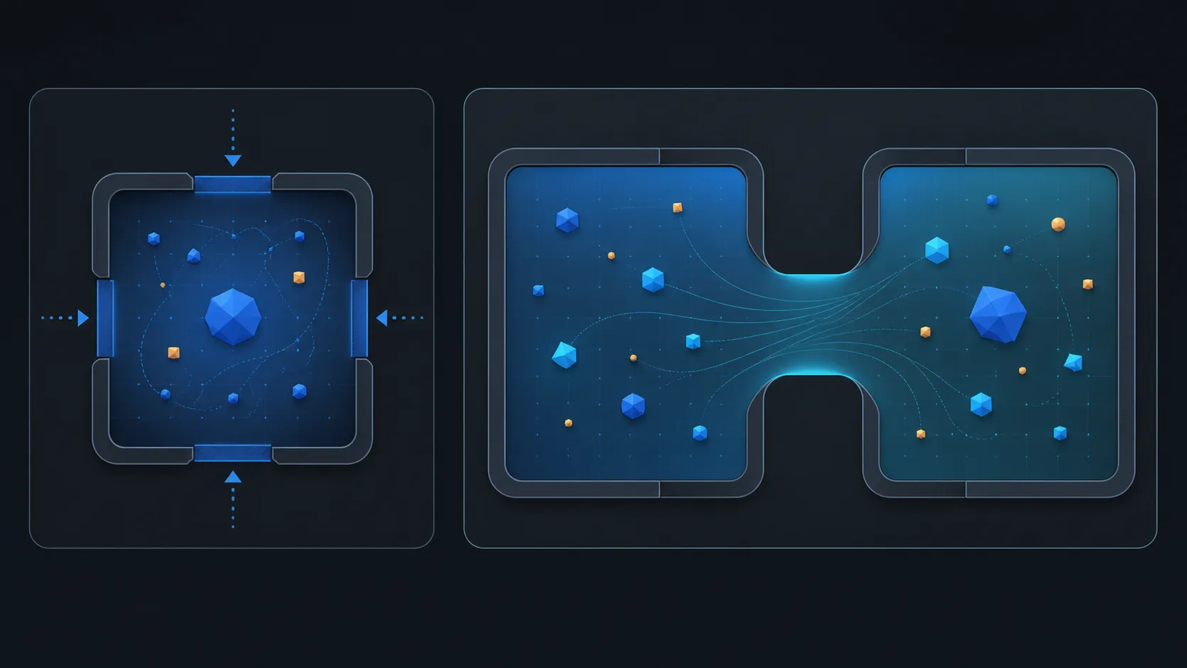 Side-by-side abstract comparison of one work field and a connected dual-field workspace