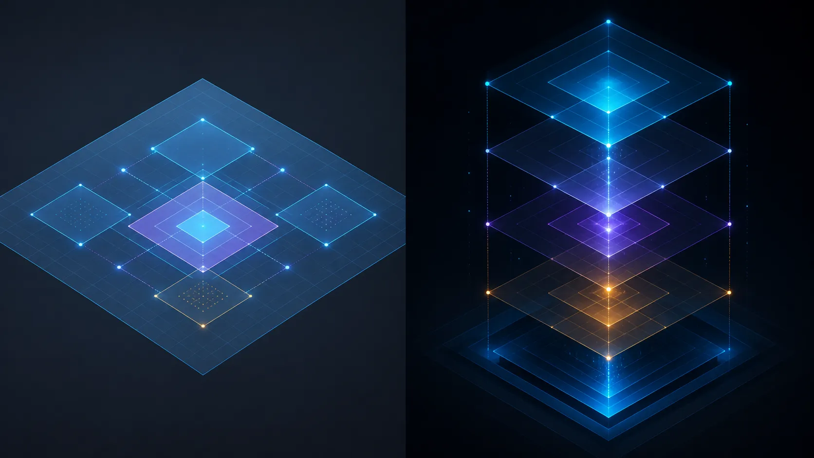 Side-by-side abstract comparison of wide viewing planes and deep tonal range