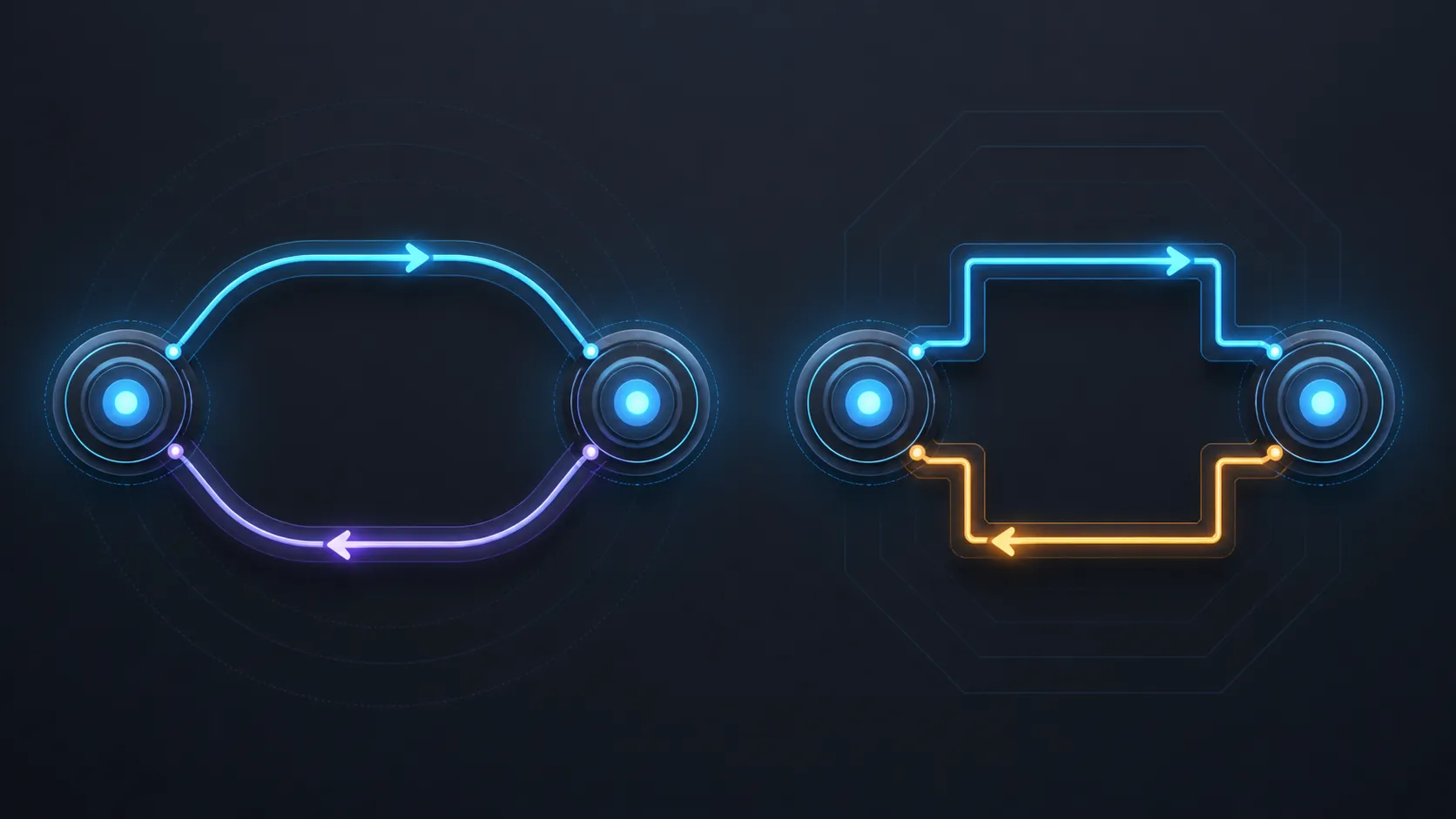 Side-by-side abstract comparison of streamlined and angular connection paths
