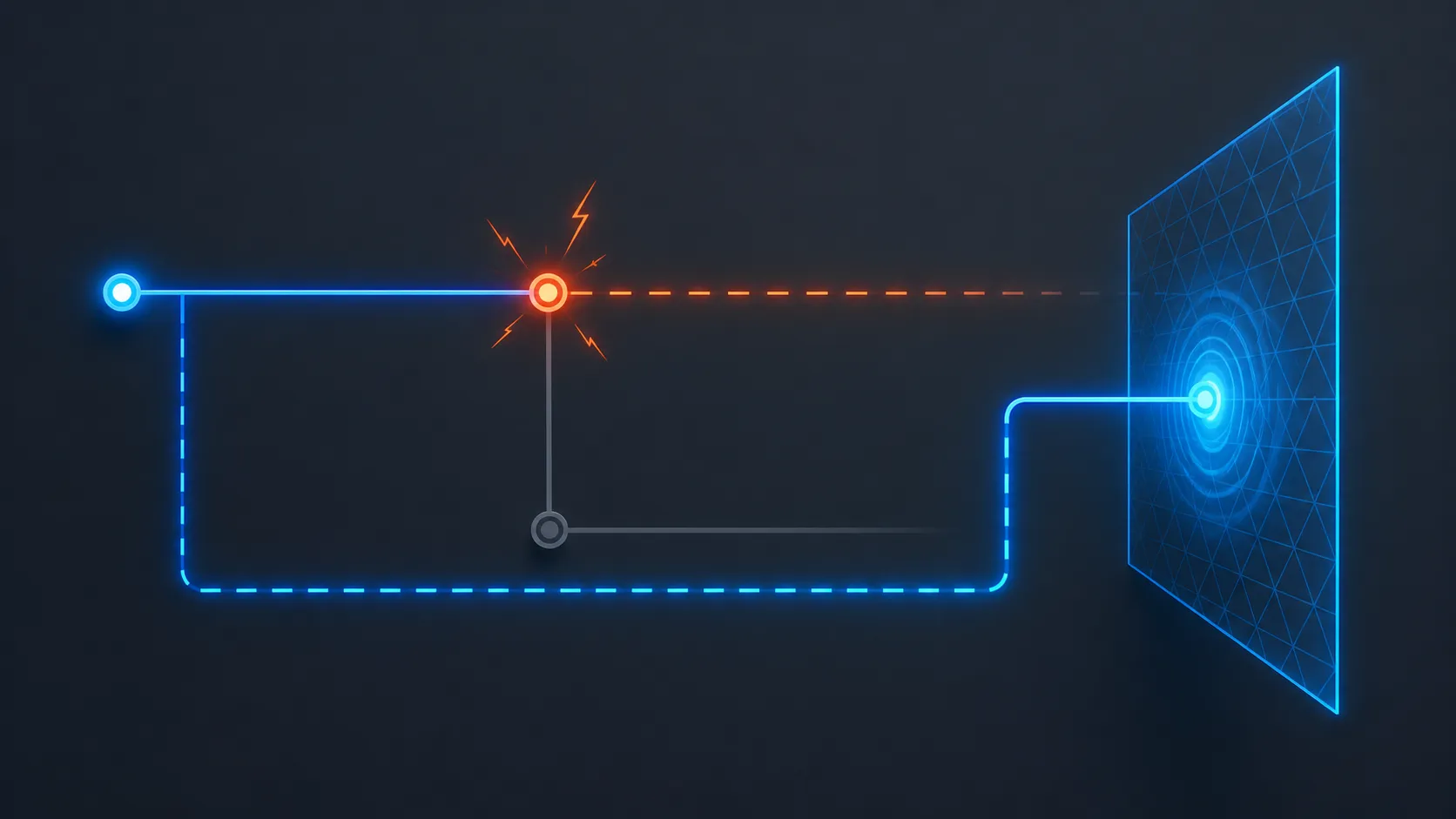Abstract diagram of an angular connection route with a restored fault junction