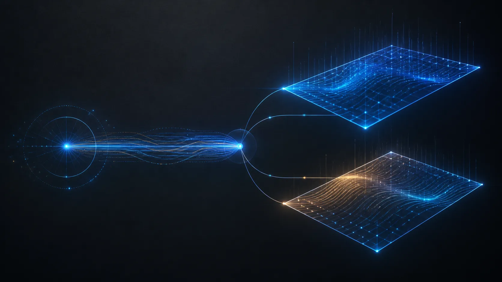 Abstract diagram of one work field becoming two connected visual planes