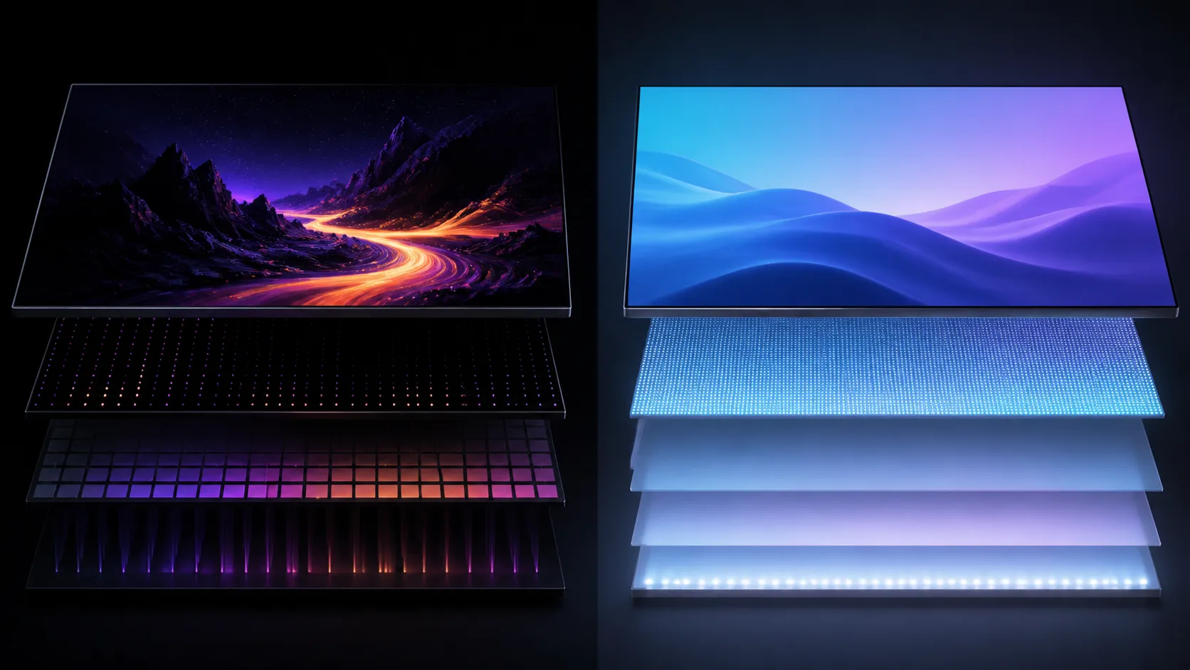 Abstract comparison of a layered high-contrast panel and an evenly illuminated panel