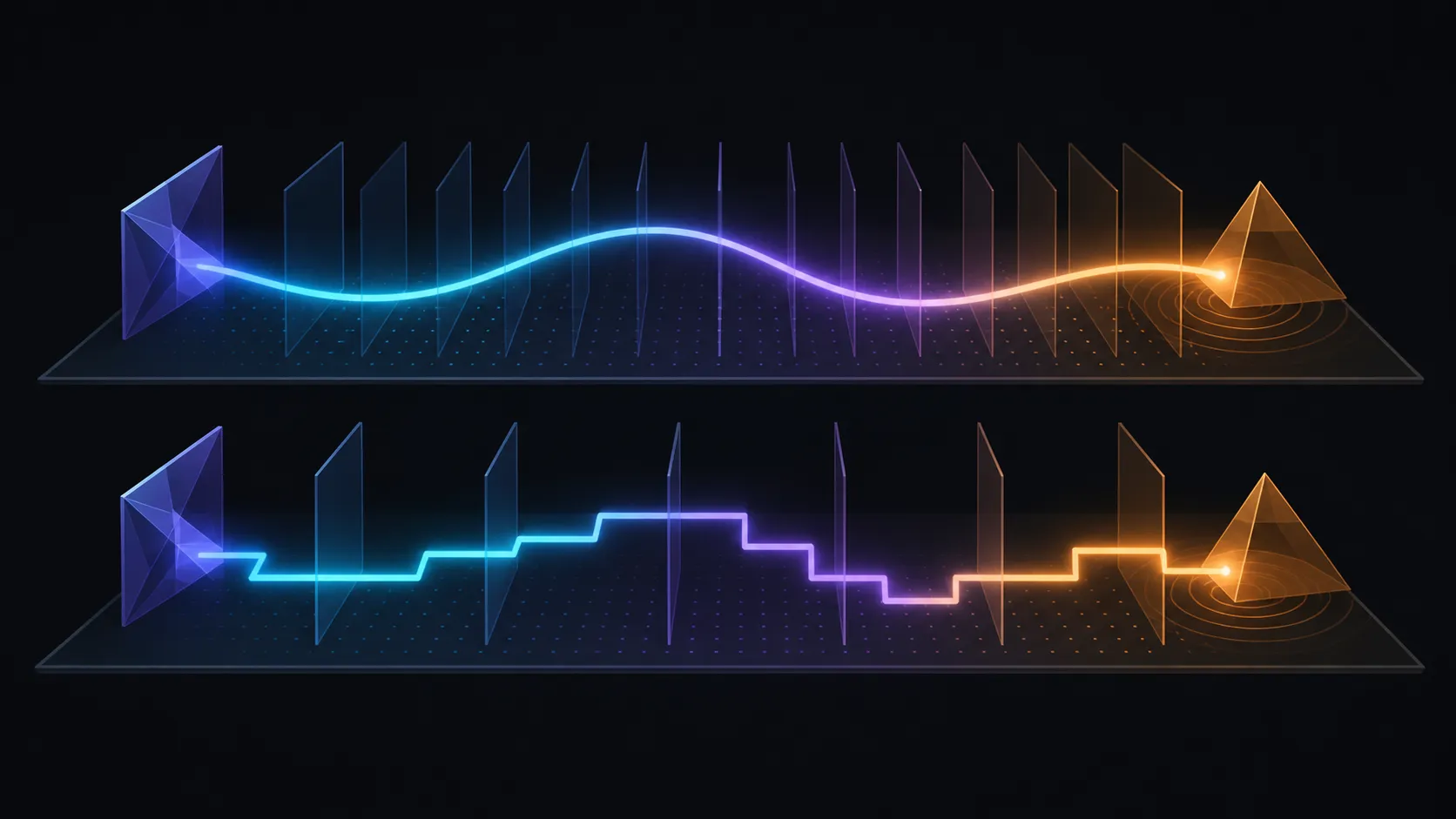 Abstract comparison of fluid and stepped light trails around equal display planes