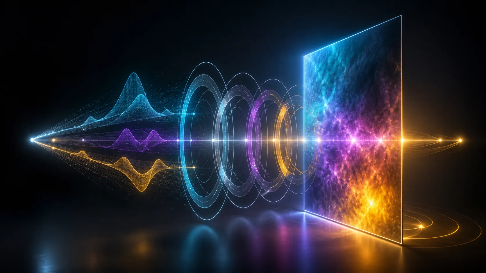 Abstract luminous display plane passing through colour and brightness balance rings