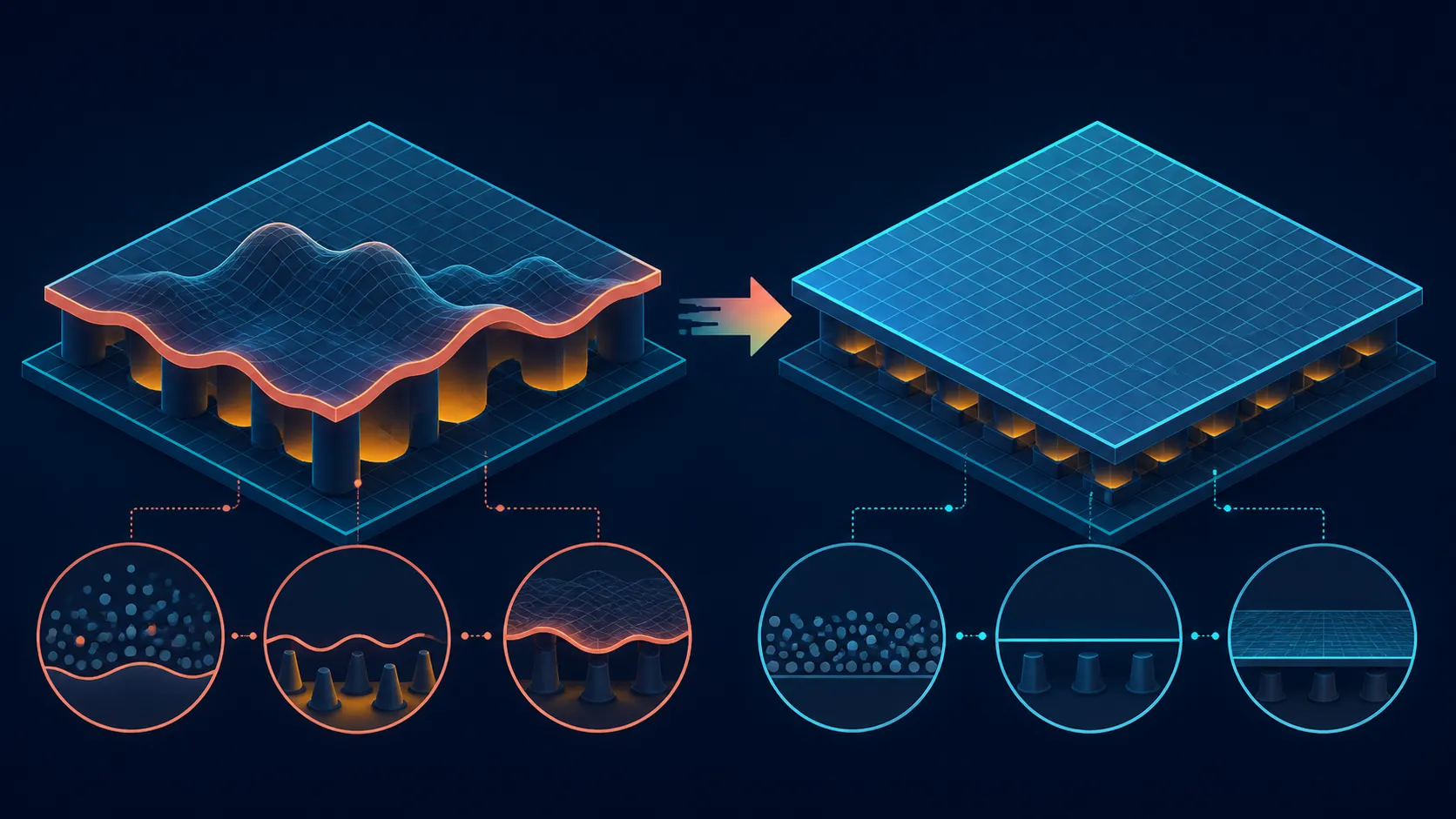 Abstract isometric diagram of uneven and levelled print-bed layer contact