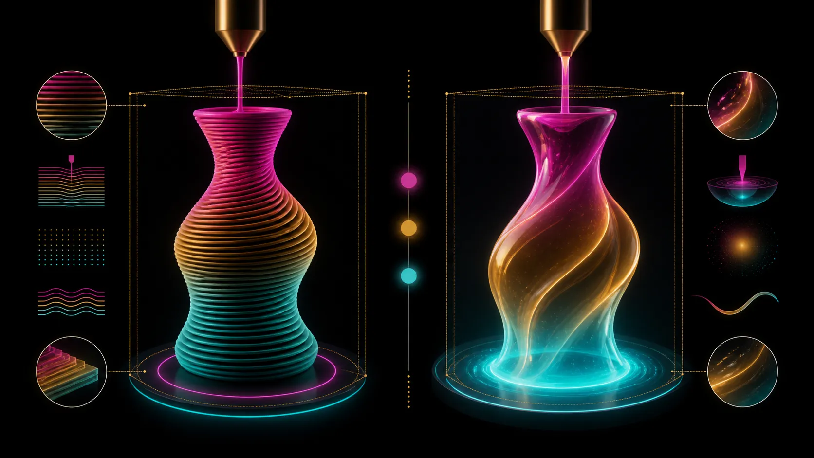 Abstract comparison of layered and liquid-forming print approaches