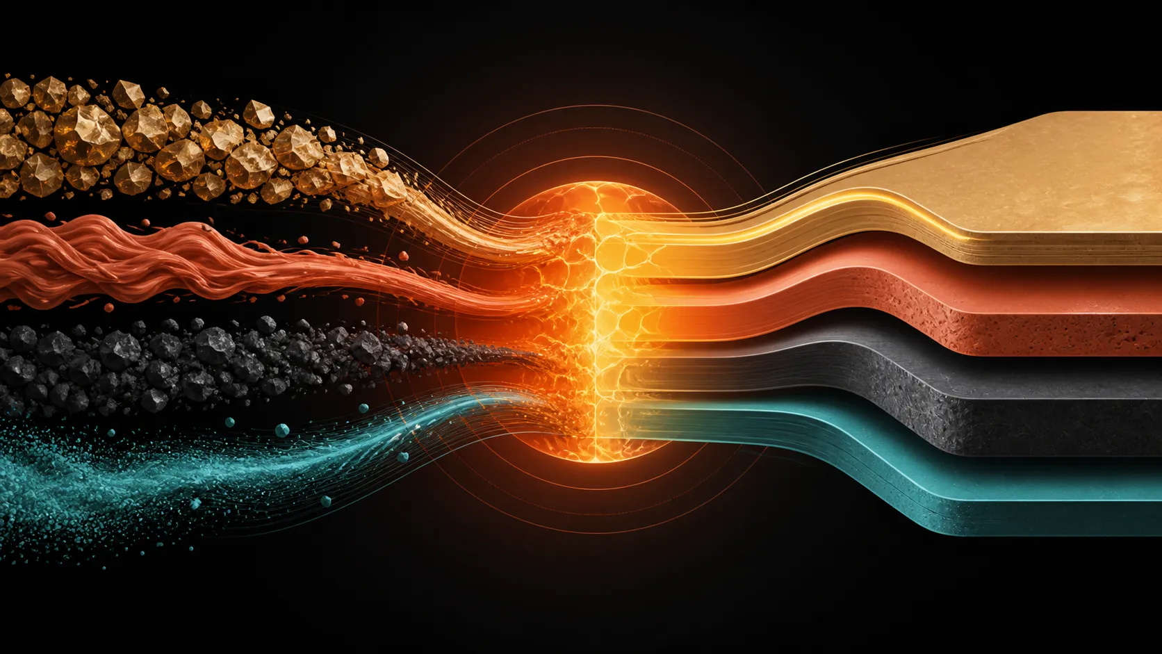 Abstract diagram of material ribbons flowing through a warm heat core