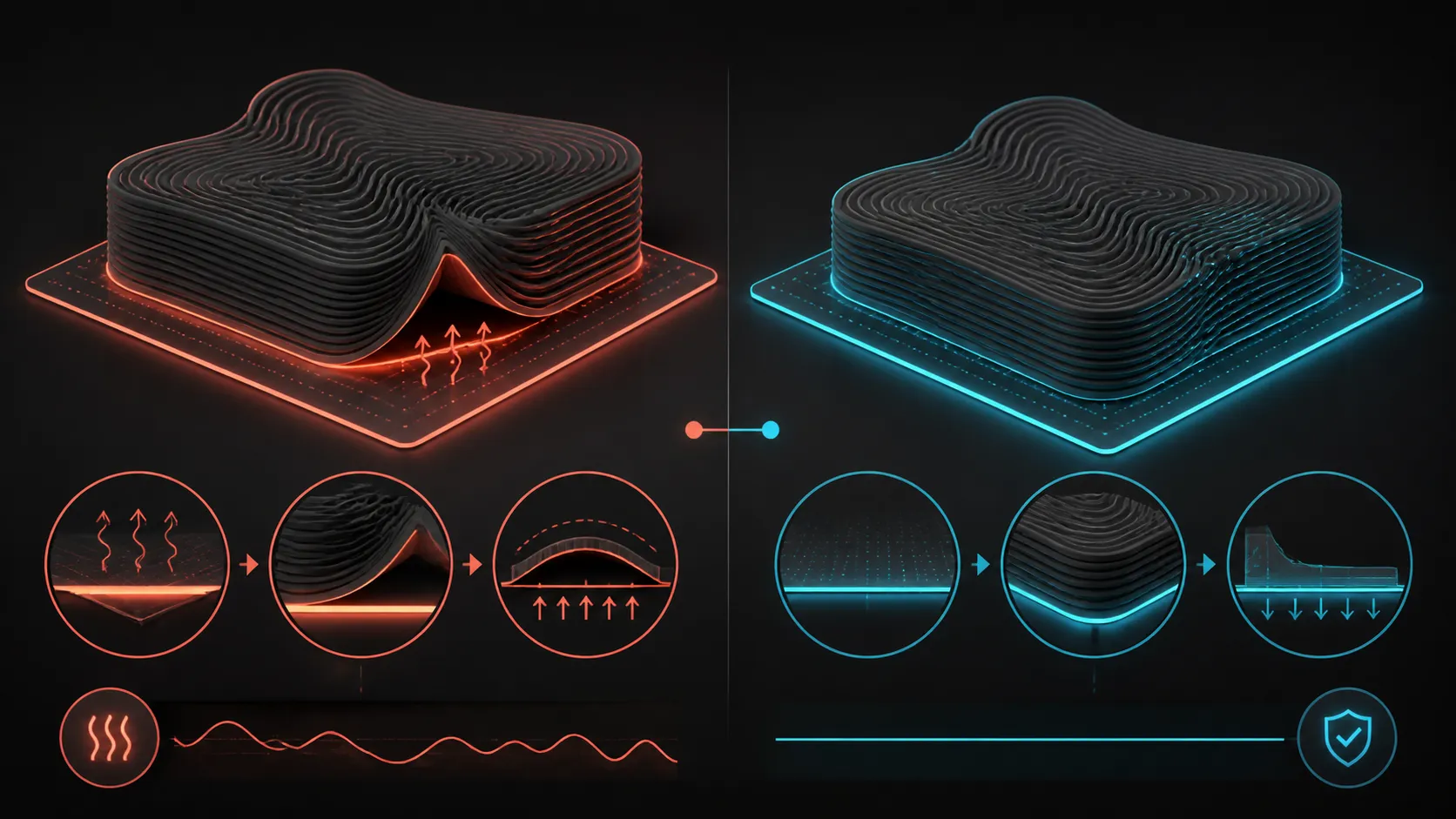 Abstract troubleshooting diagram of lifted and bonded layered forms on a print bed