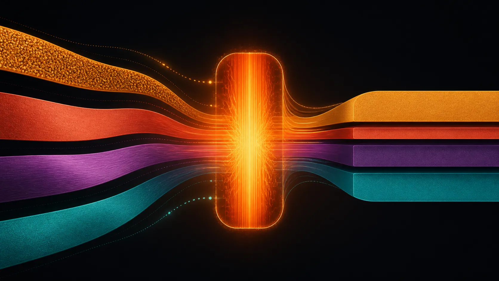 Abstract diagram of material ribbons passing through a heat core