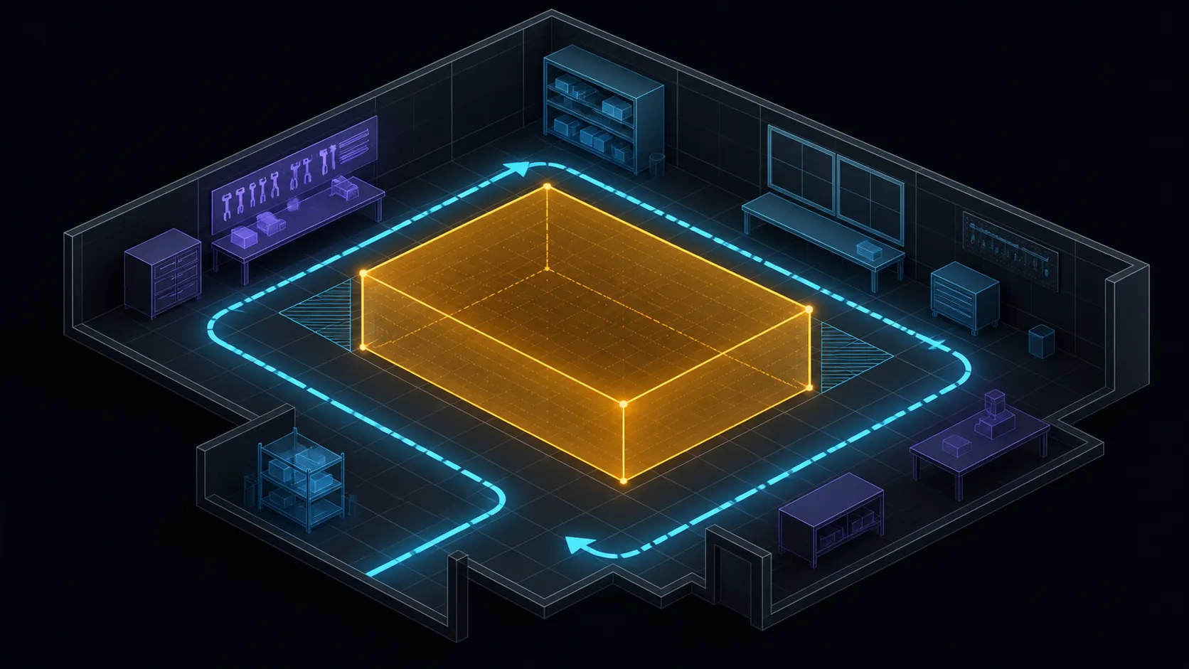 Abstract isometric diagram of a large build envelope in a workshop grid