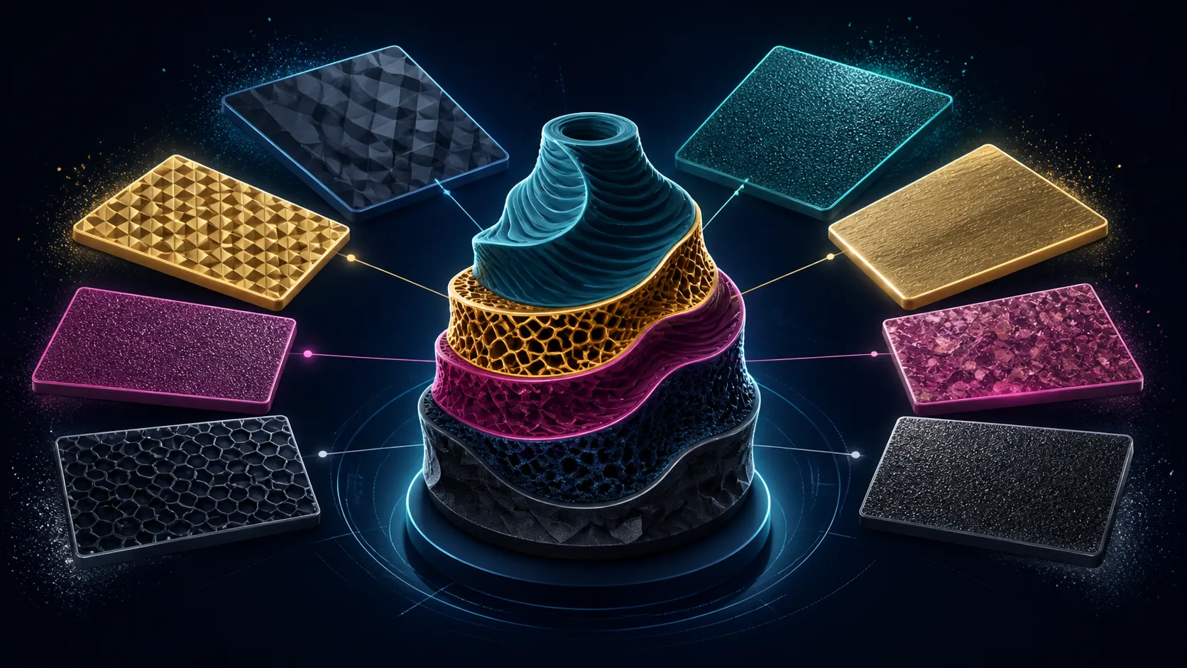 Abstract diagram of textured plate surfaces around a layered sculpture
