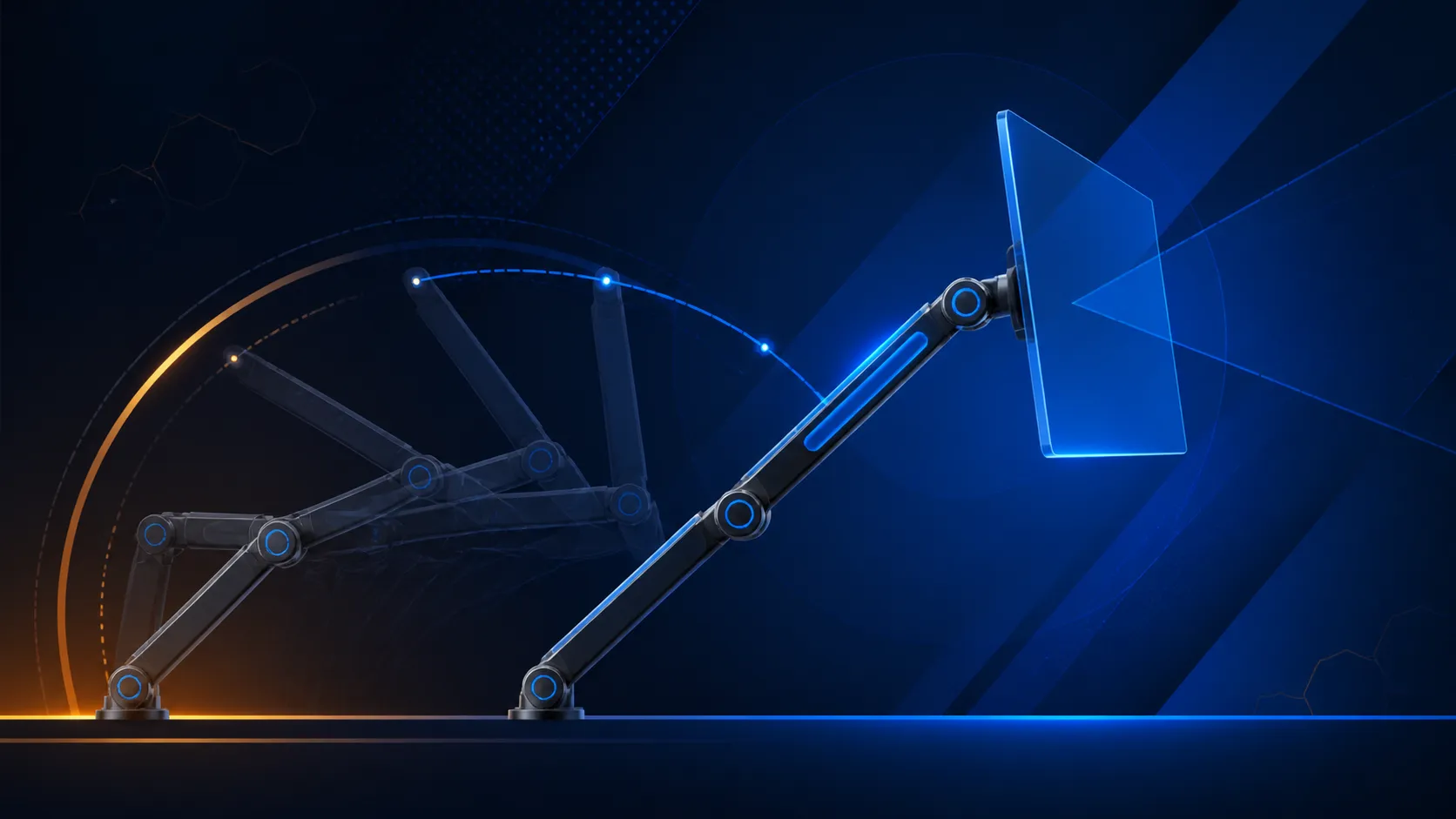 Abstract diagram of an articulated support arm reaching a viewing position