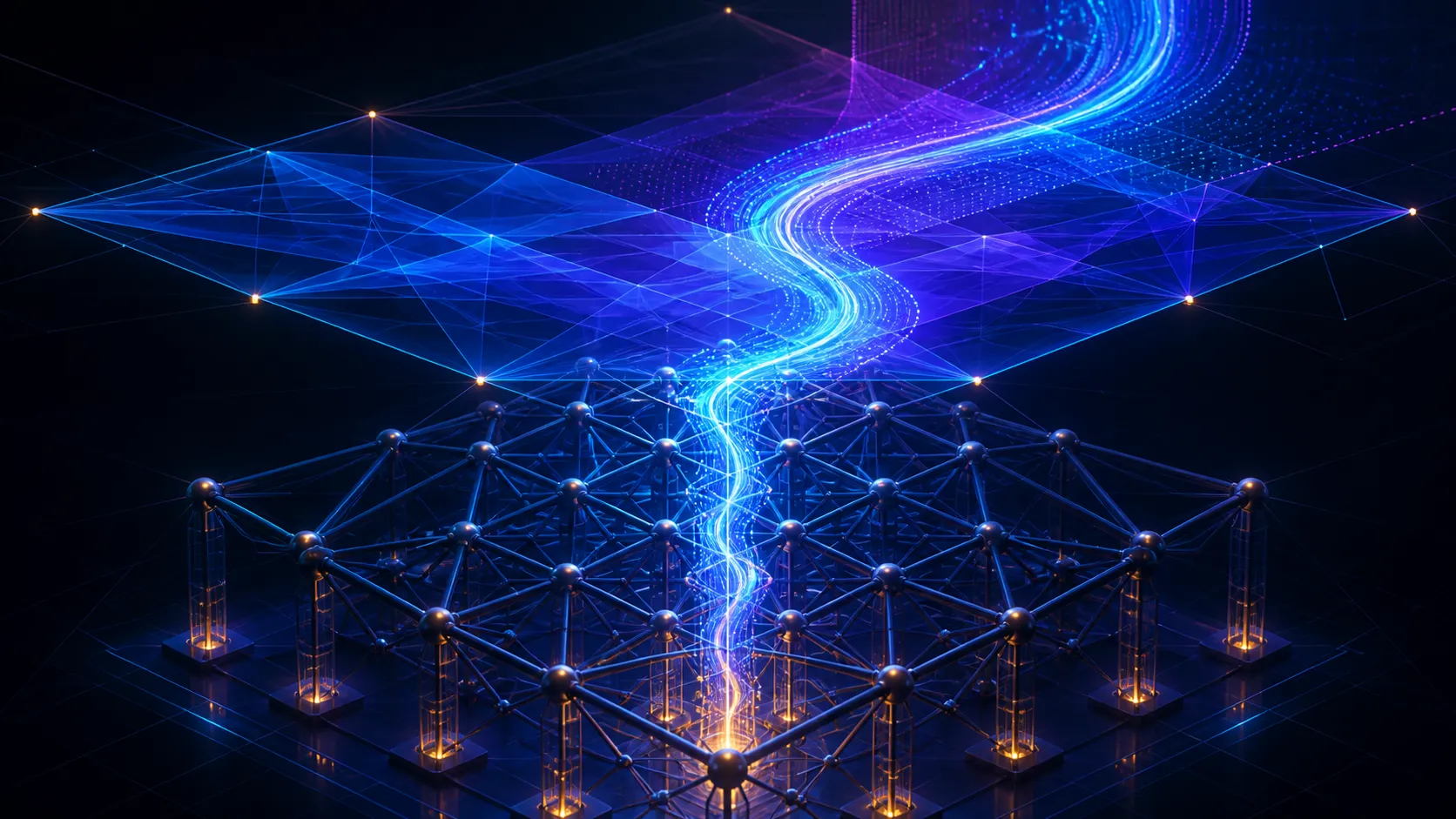 Abstract diagram of an energy path rising through a support lattice