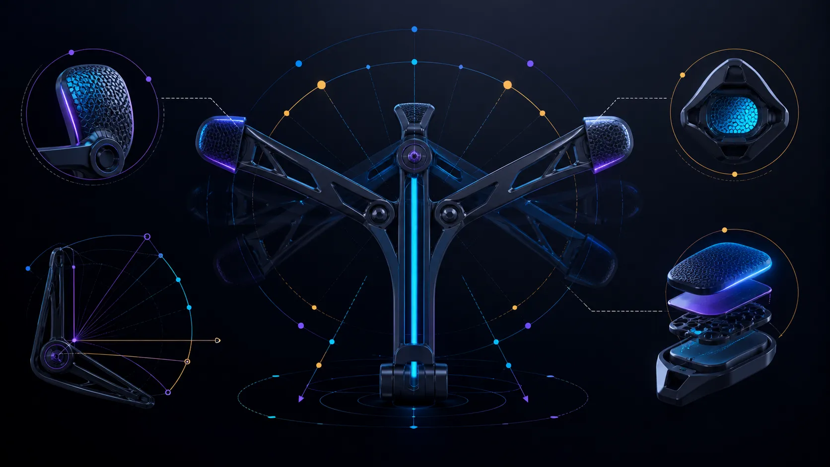 Abstract overview diagram of a central support with adjustment and grip paths