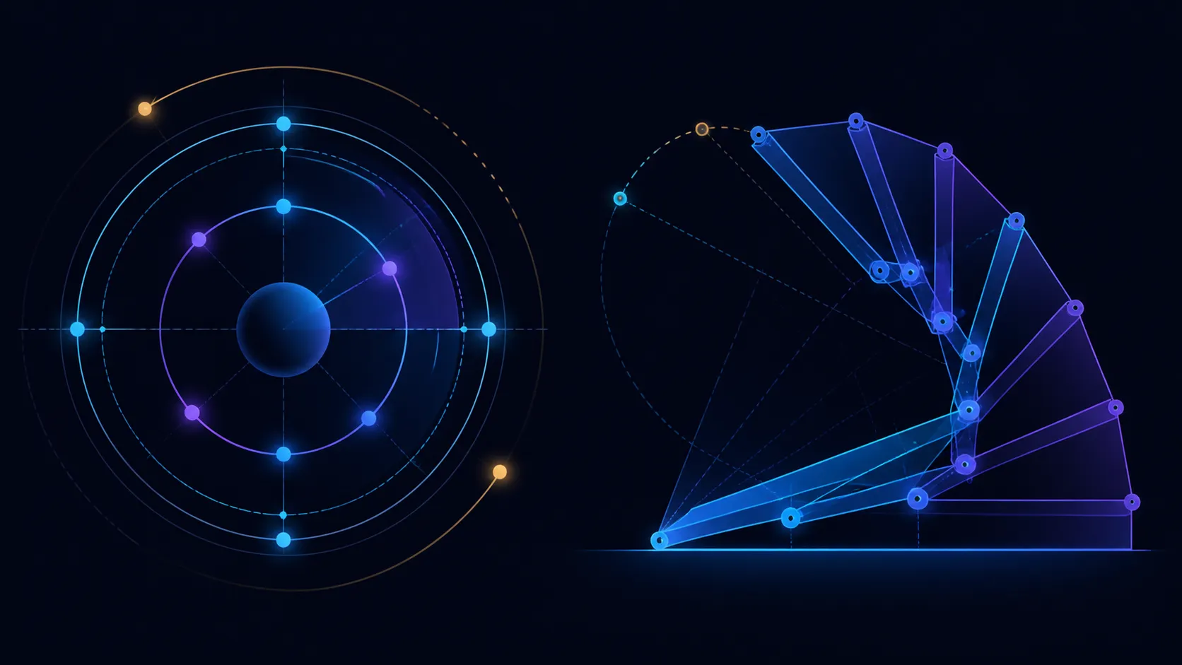 Abstract diagram comparing circular rotation with articulated folding arcs