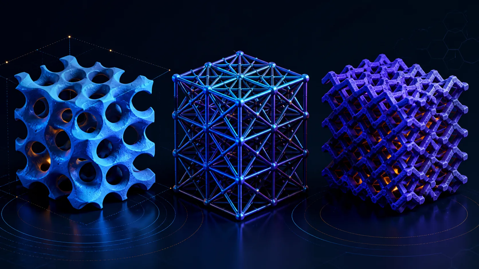 Abstract diagram of three contrasting support lattice materials
