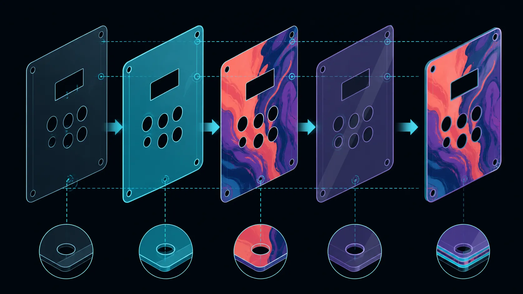 Layered abstract faceplate sheets aligned with circular openings