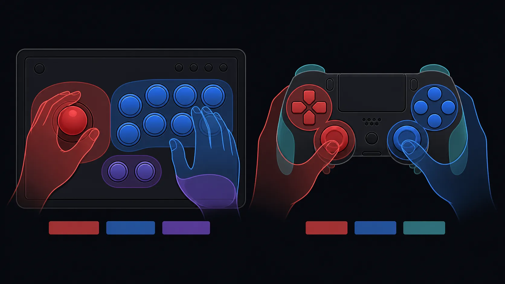 Side-by-side abstract comparison of fightstick and gamepad control zones