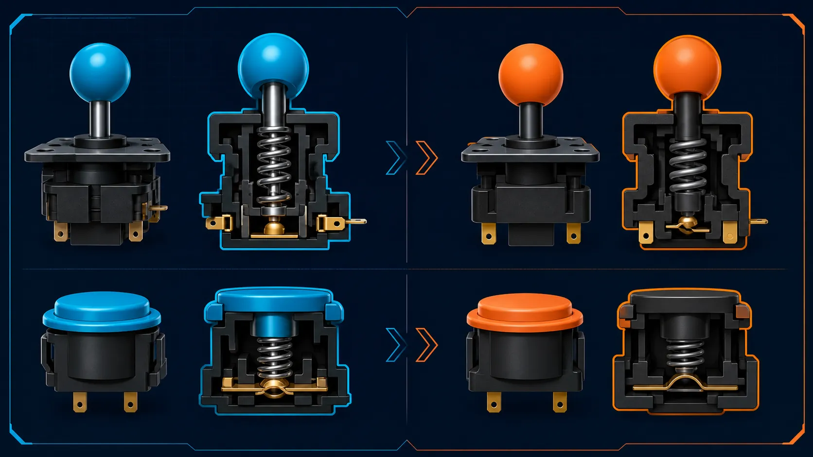 Side-by-side abstract comparison of arcade component shapes and springs