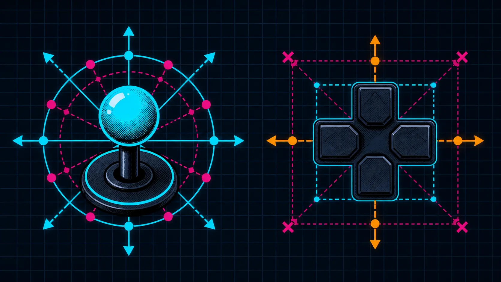 Side-by-side abstract comparison of lever and directional-pad movement paths