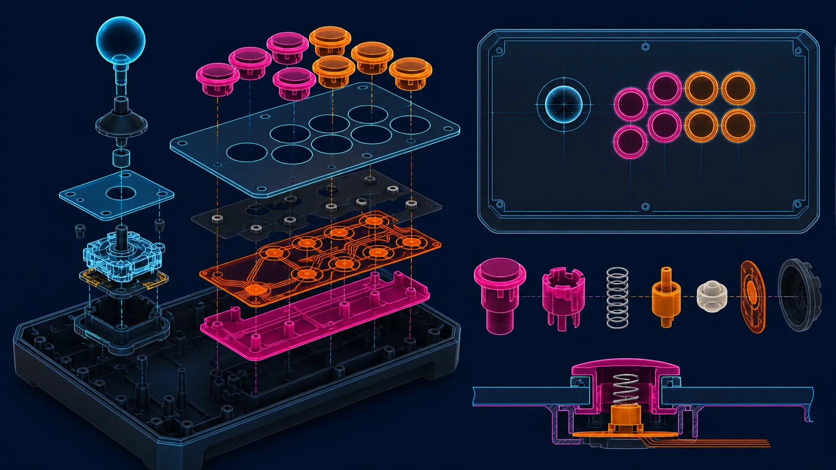 Abstract exploded layout of lever, buttons, spring and contact layers