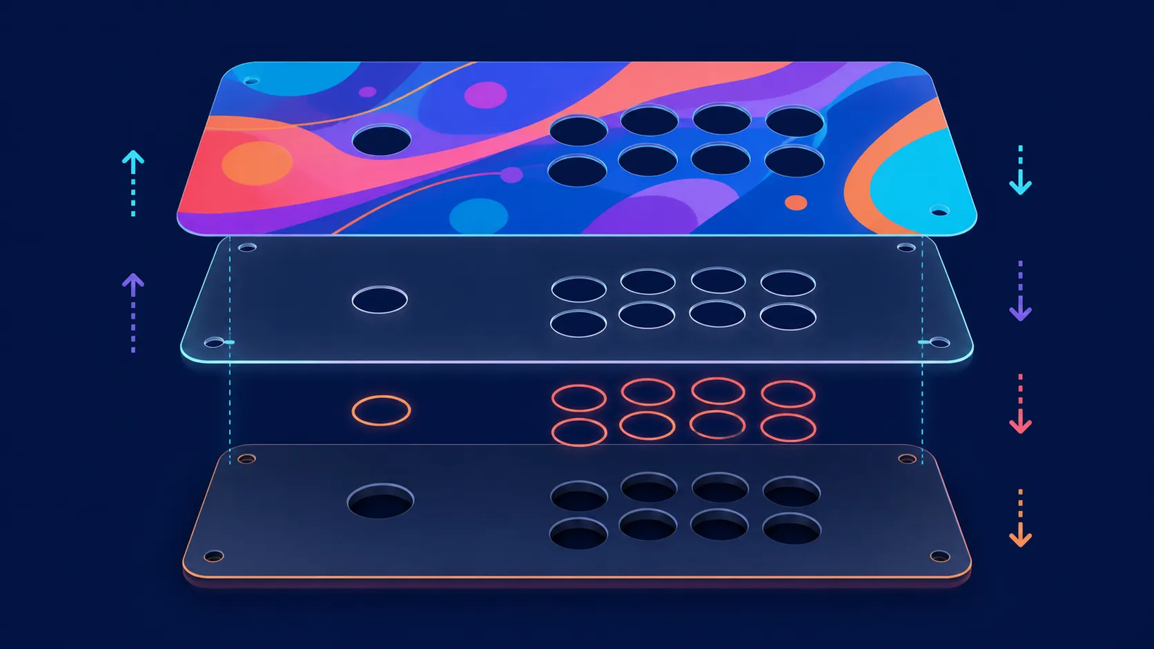 Abstract aligned stack of faceplate layers and button openings