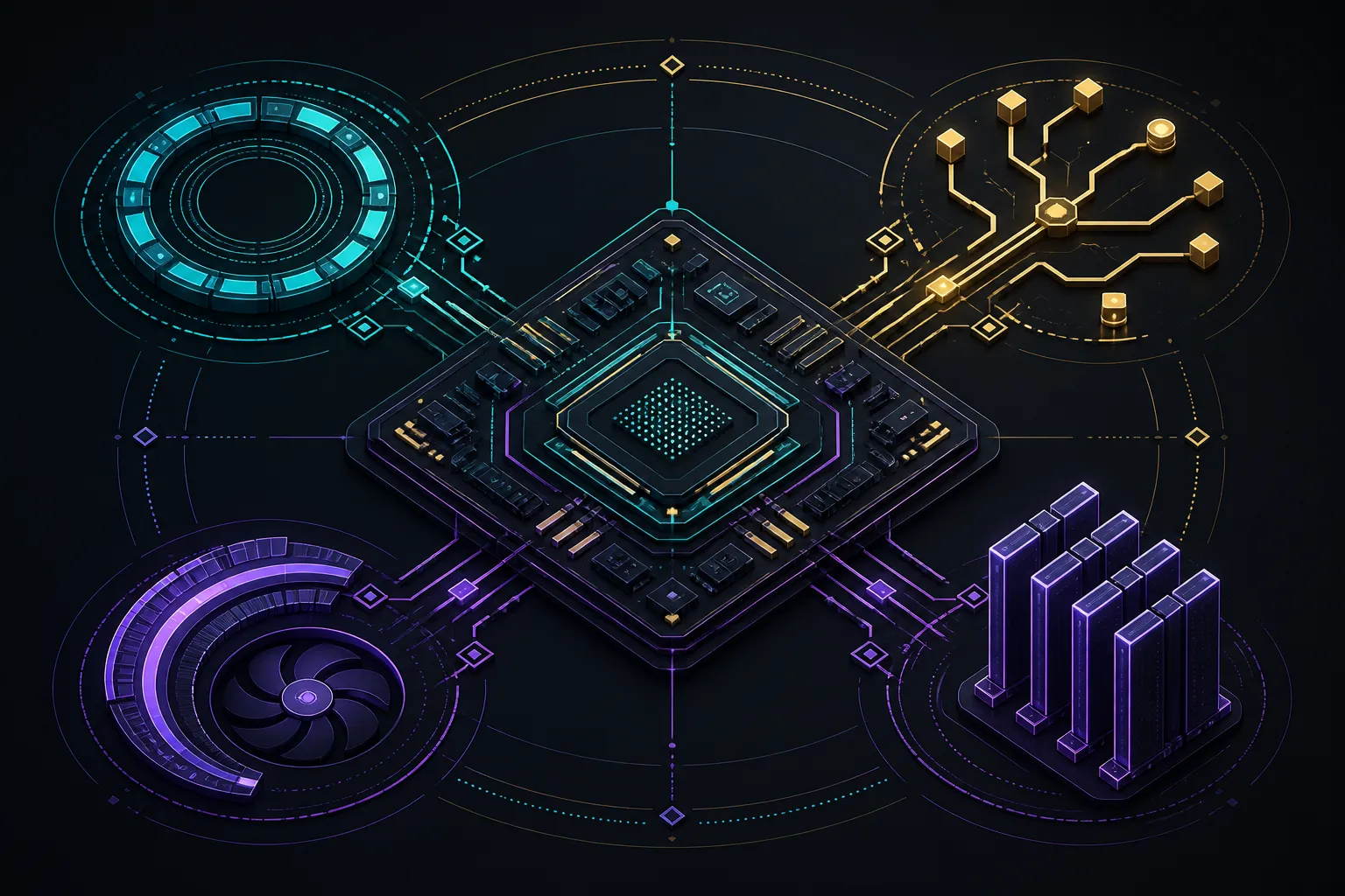 Abstract preparation map linking motherboard, firmware, power, cooling and memory checks