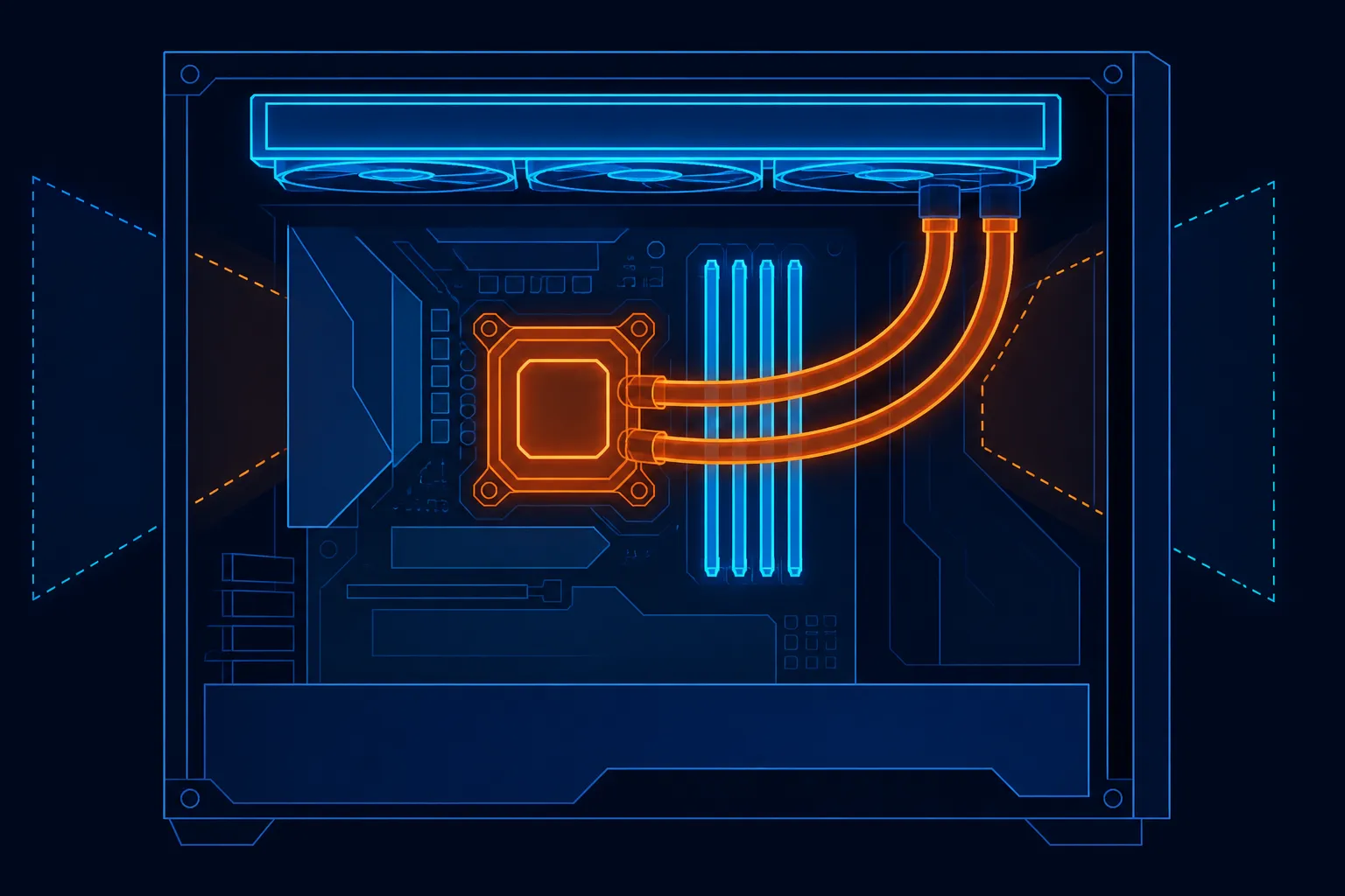 Abstract case layout diagram showing radiator placement, memory clearance and tube routing