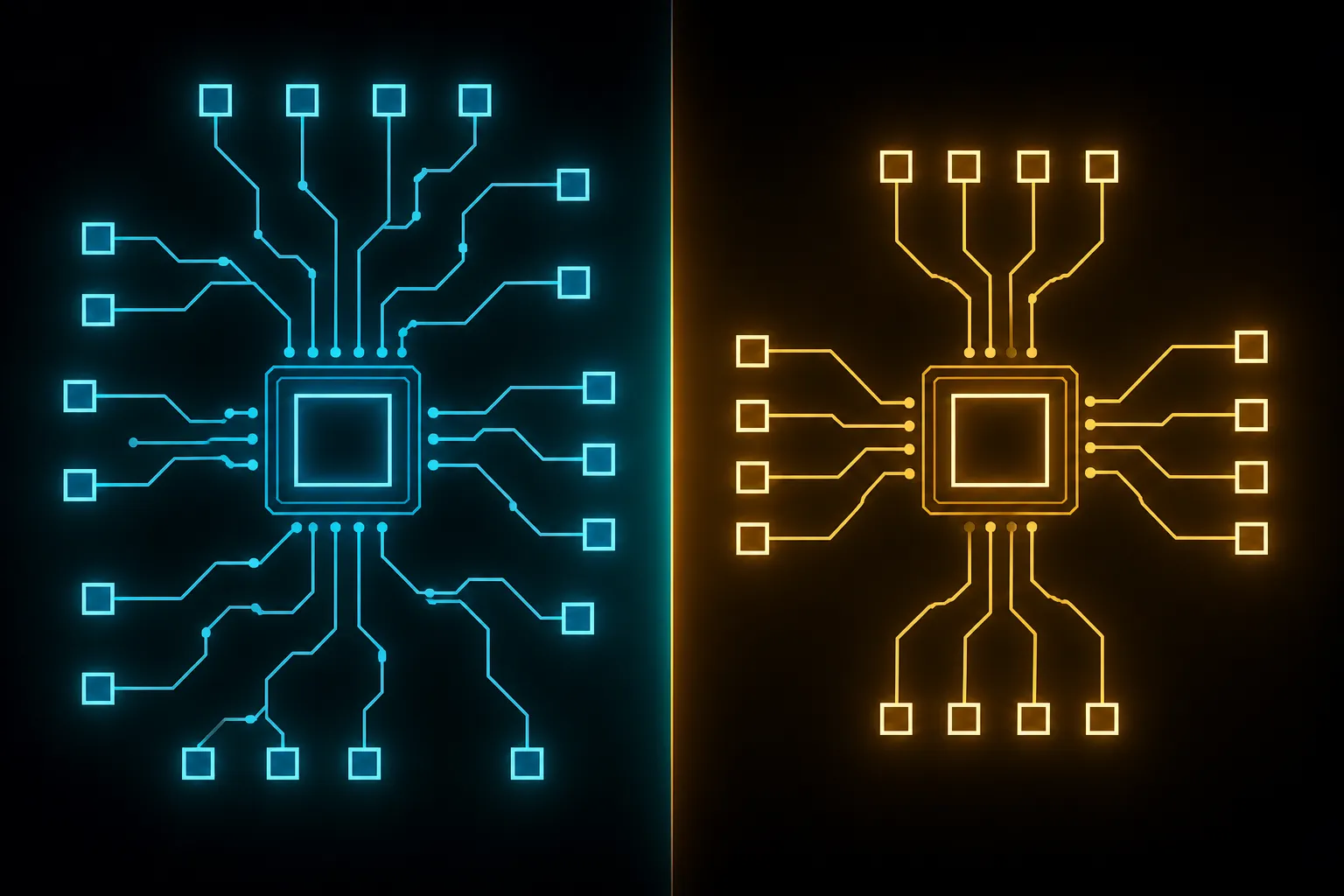 Abstract side-by-side diagram comparing two motherboard platform connection and expansion layouts