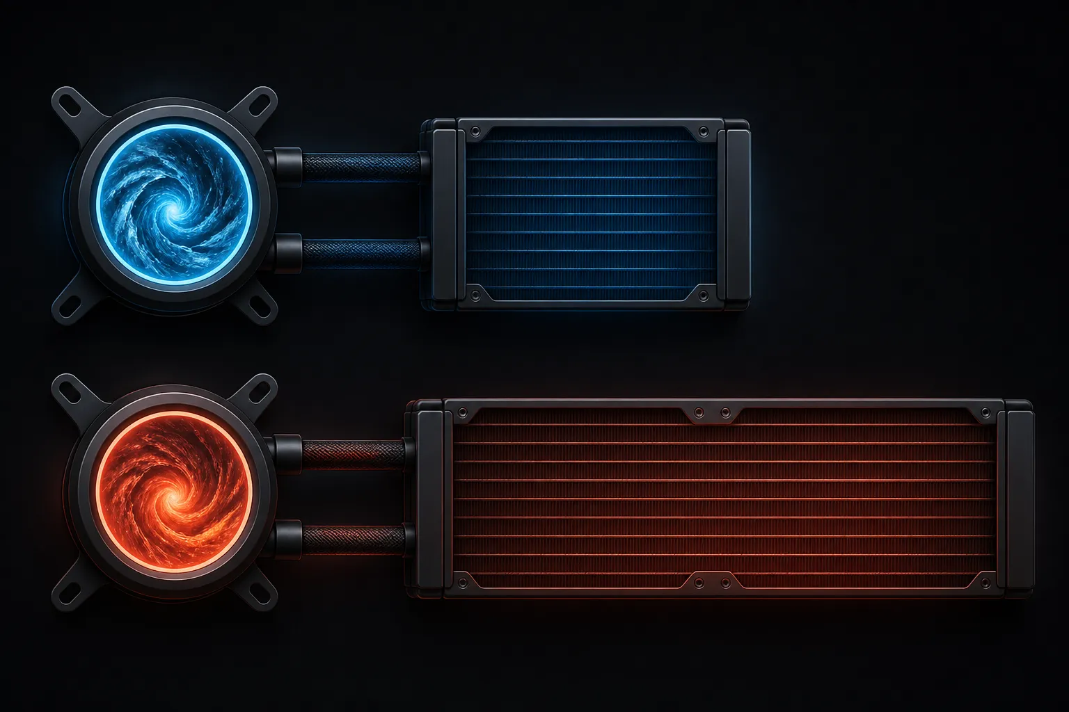 Abstract side-by-side diagram comparing long and short liquid-cooling radiator formats