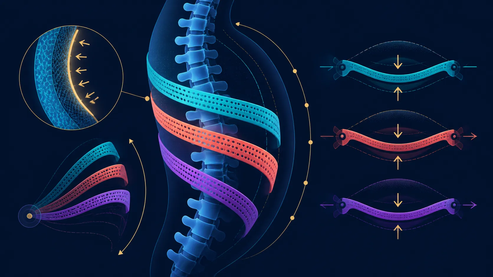 Abstract curved support bands adapting around a spine arc