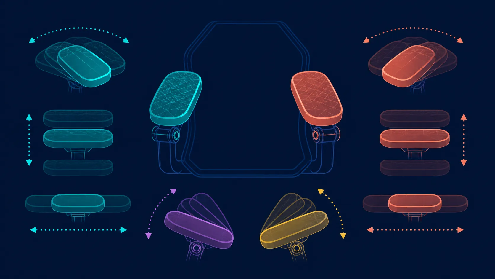 Abstract paired armrest pads in several spatial positions