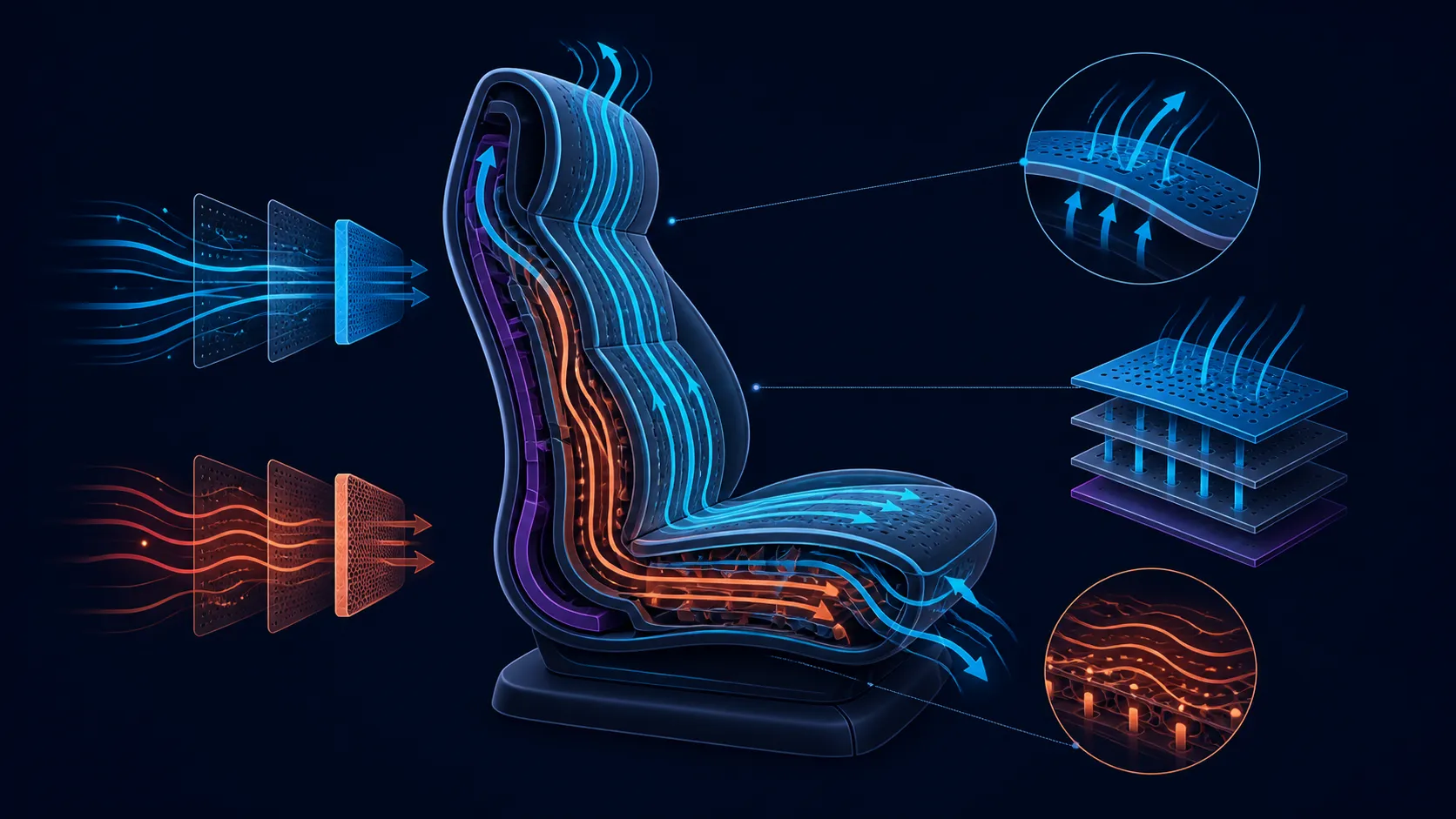 Abstract chair seat cross-section with cool and warm flow paths