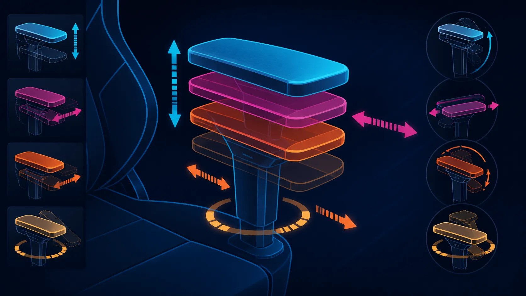 Stacked abstract armrest pads showing motion planes
