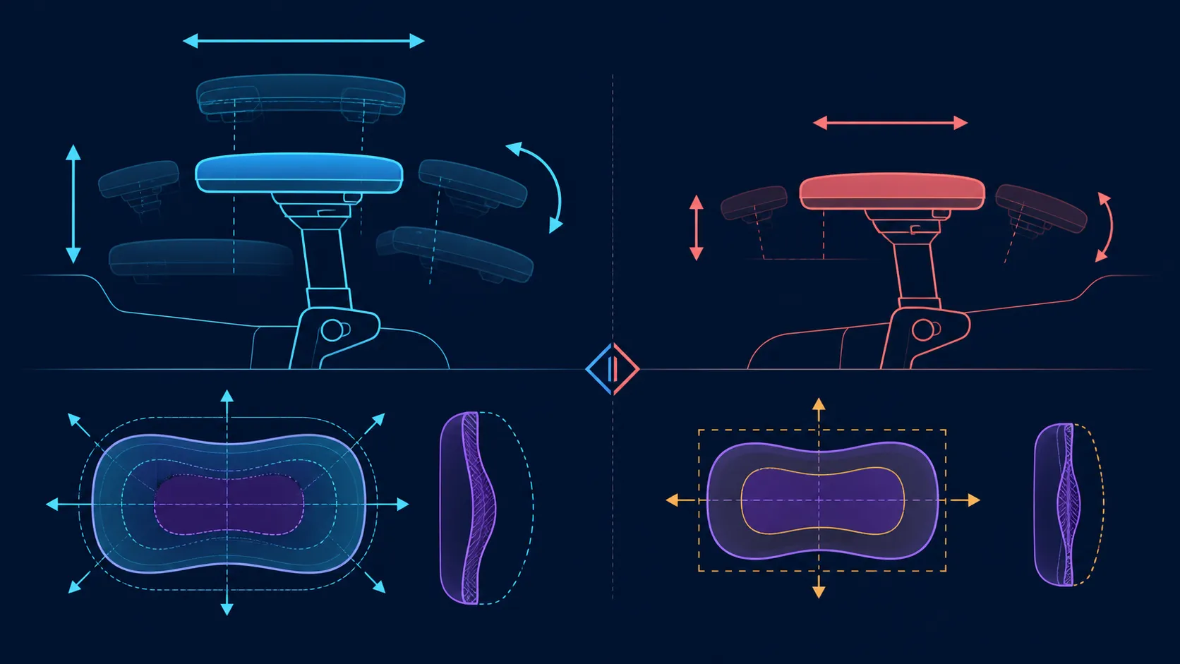 Side-by-side abstract armrest pads with wide and limited movement ranges