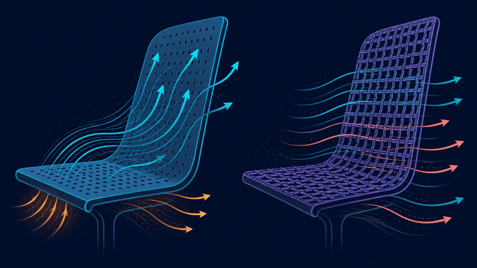 Side-by-side abstract seat surfaces with air currents and open grid