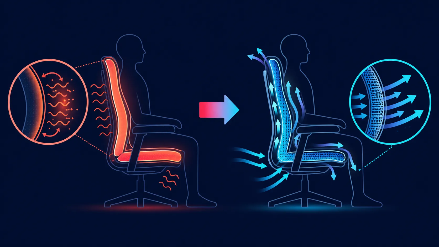 Abstract seat surface with warm waves redirected into cool airflow