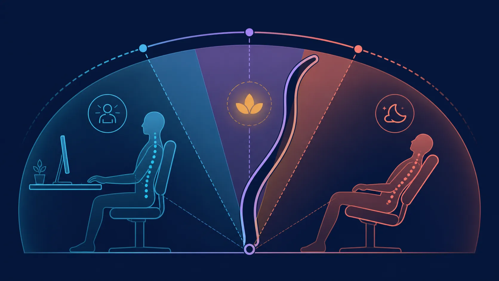 Abstract chair-back curve crossing work and rest posture zones