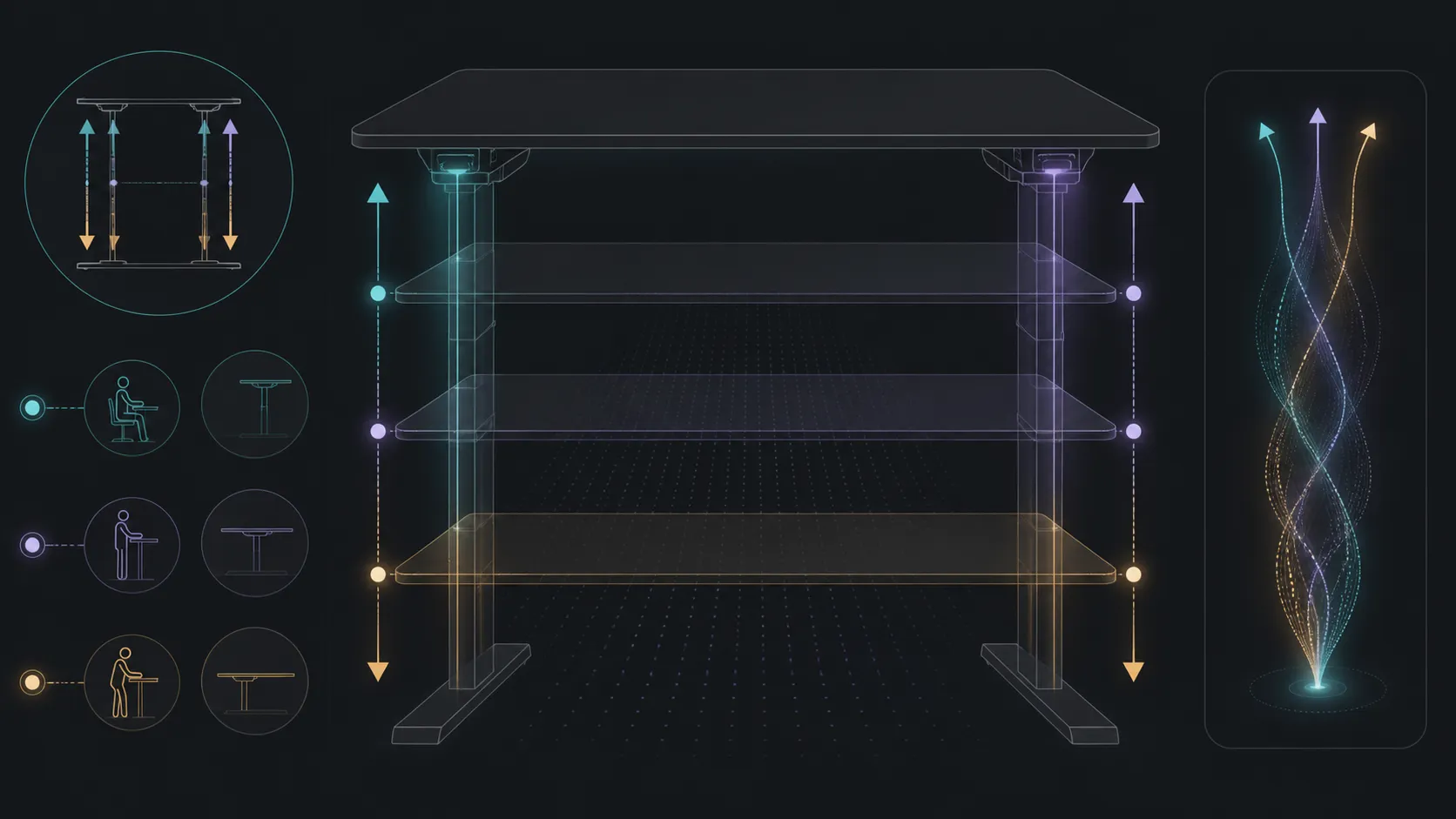 Abstract adjustable desk setup diagram