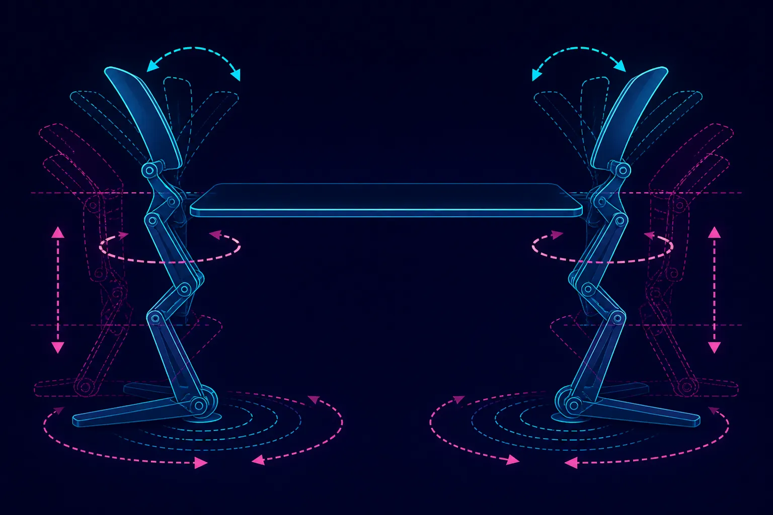 Abstract diagram showing paired armrest movement paths beside a desk