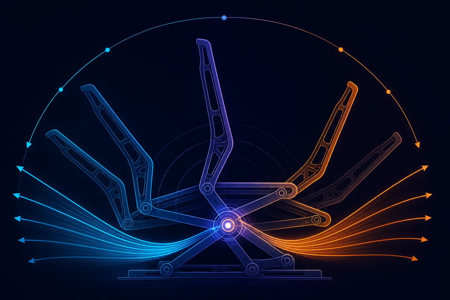 Abstract diagram showing a chair frame pivoting around a balanced chassis core