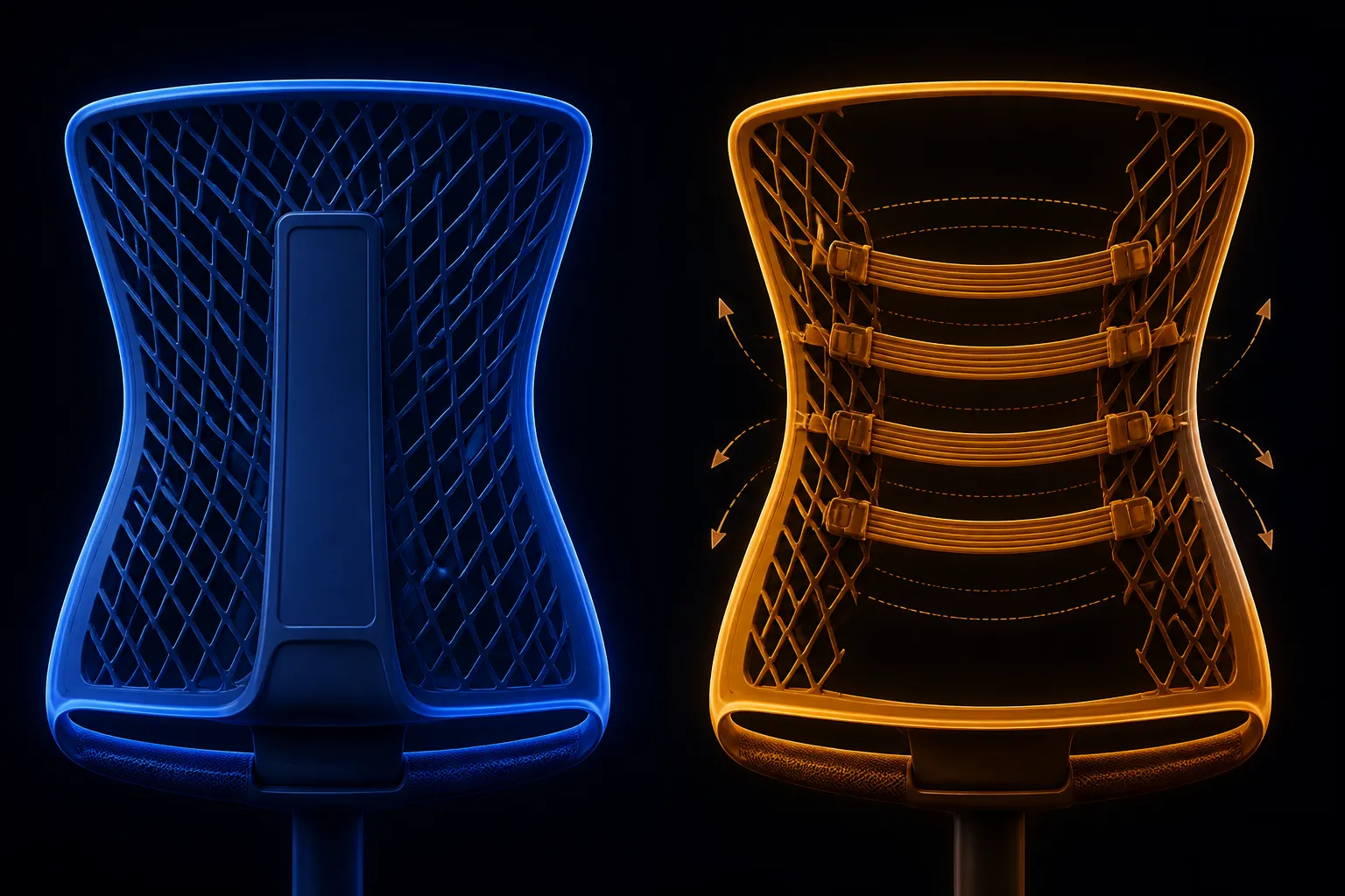 Abstract side-by-side diagram comparing fixed and adjustable chair back support