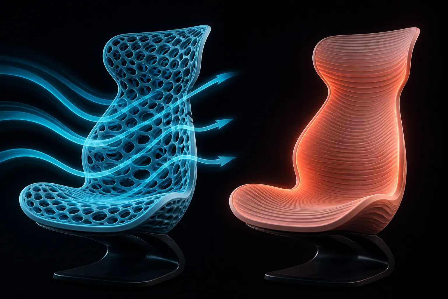 Abstract side-by-side diagram comparing porous mesh and dense foam seat structures